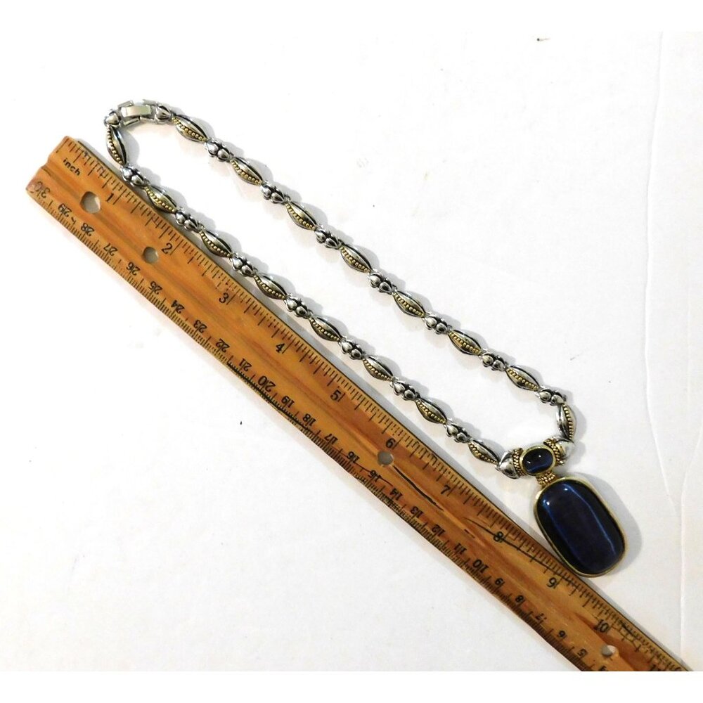 Vintage Two-Tone Necklace Blue Pendant Matching Pierced Earrings Set - Picture 10 of 11